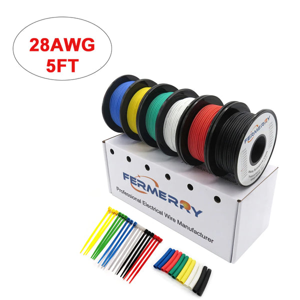 Fermerry 28 AWG Stranded Wire Spool 25ft Each 6 Colors Flexible 28 Gauge Silicone Hook up Wire Kit Electrical Tinned Copper Wire